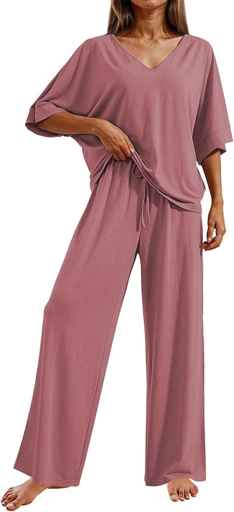 Ekouaer Pajama Sets for Women 2 Piece Lounge Set Short Sleeve Tops and Long Pants Soft Comfy Pjs ... | Amazon (CA)