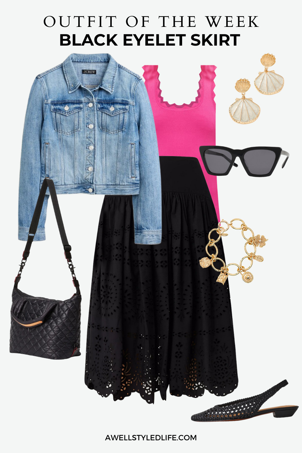 Casual outfit with denim jacket over black eyelet skirt, bright tank top, denim jacket, Madewell woven slingbacks, MZ Wallace shoulder bag, charm bracelet , and shell motif earrings 

 #LTKStyleTip #LTKShoeCrush #LTKItBag