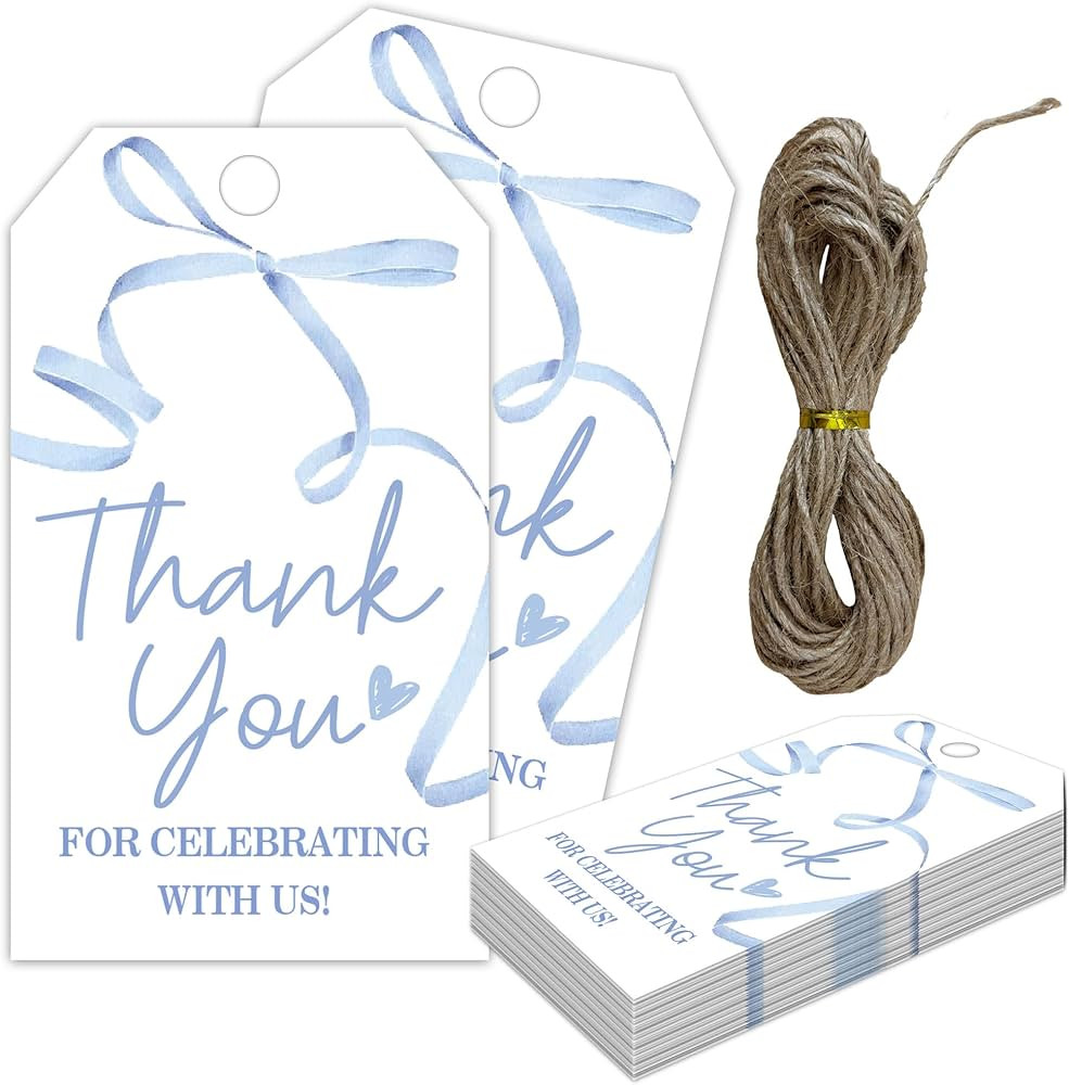 Thank You Gift Labels with String, 2x3.5 Inch Thank You for Celebrating with Us Tag, Blue Bow Pri... | Amazon (US)