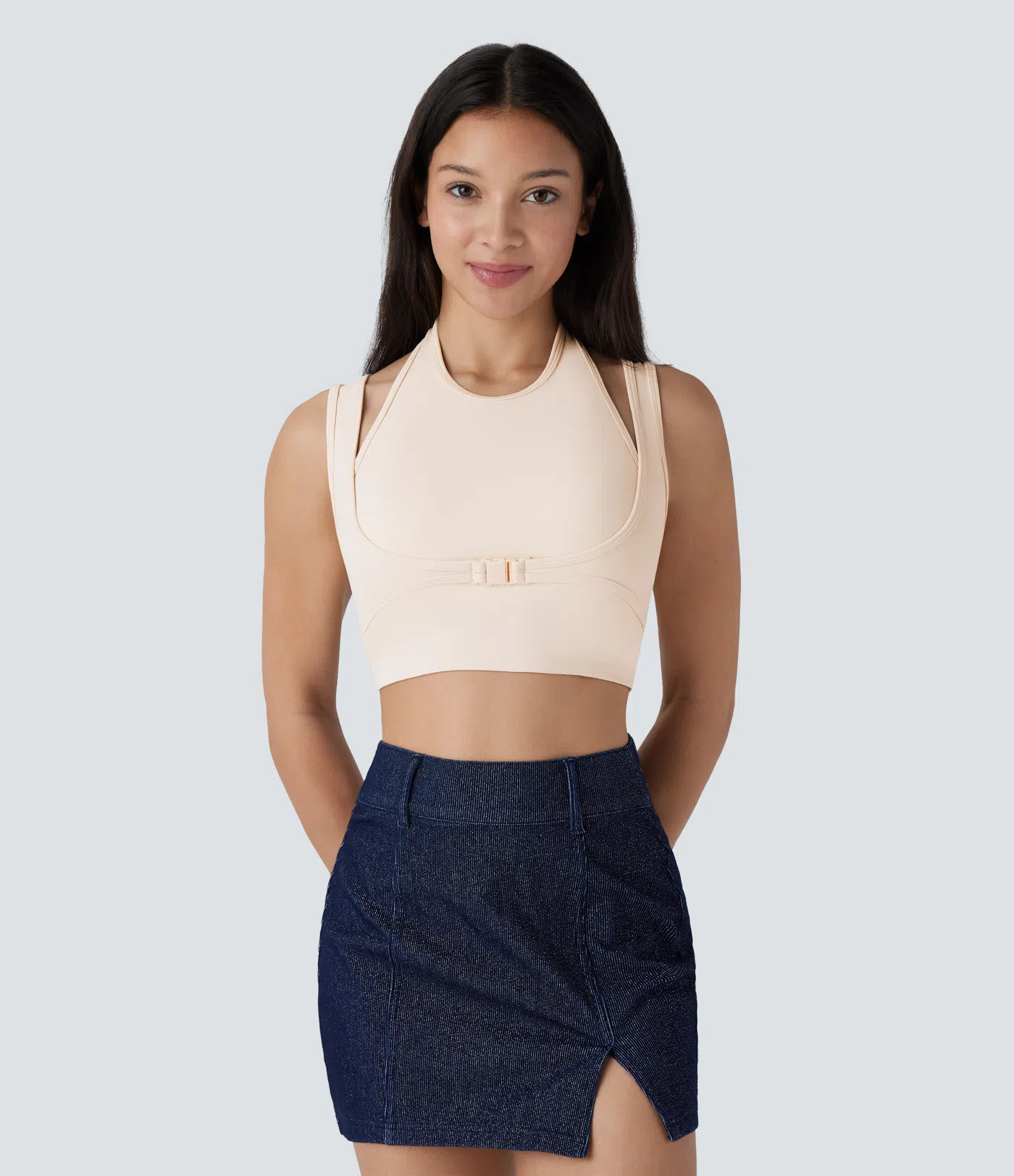 SoftlyZero™ Plush Halter Buckle 2-in-1 Skinny Cropped Casual Tank Top | HALARA