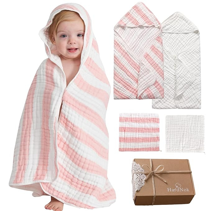 Muslin Hooded Baby Towel 4 Pack, 100% Organic Premium Cotton, (2) 6-Layer 32x32 Bath Towels & (2)... | Amazon (US)