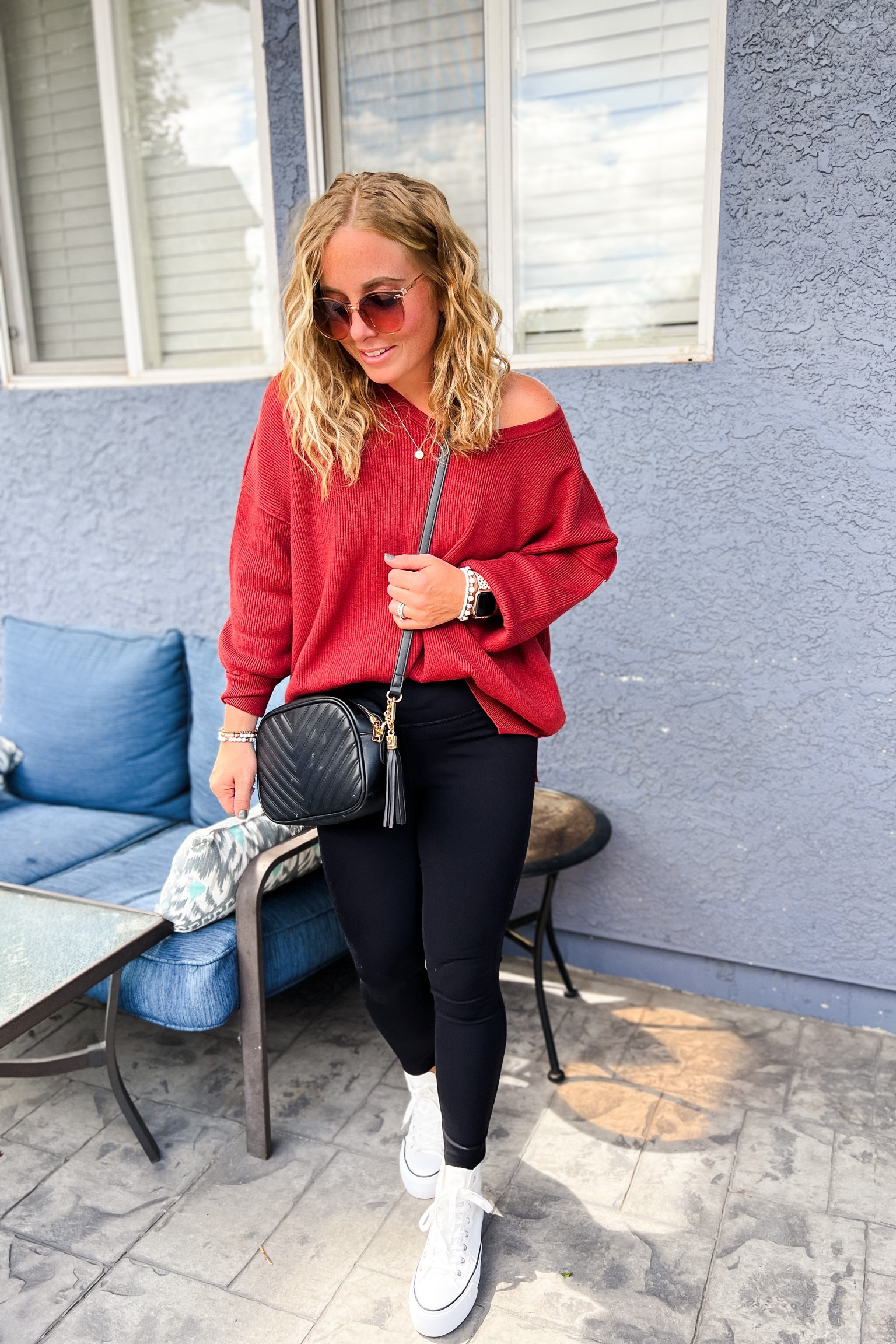 Fall outfit idea with a red sweater, faux leather leggings, black crossbody bag and converse like sneakers. Everything fits TTS. Wearing a small in this sweater for reference. Size up 1 for more of an oversized fit. 
//Fall outfits 2024, fall fashion finds, fall favorites amazon,petite amazon fashion, casual mom outfit ideas, fall outfit amazon, amazon outfit ideas, casual outfit ideas, outfit inspo, casual fashion, amazon fall fashion, amazon casual outfit fall, cute casual outfit, outfit ideas fall, amazon shoes, amazon bag, purse, size 4-6, casual fall outfits, casual outfit ideas everyday, fall tops, fall fashion, fall bags, autumn outfit, #falloutfit 

#LTKFindsUnder50 #LTKStyleTip #LTKShoeCrush