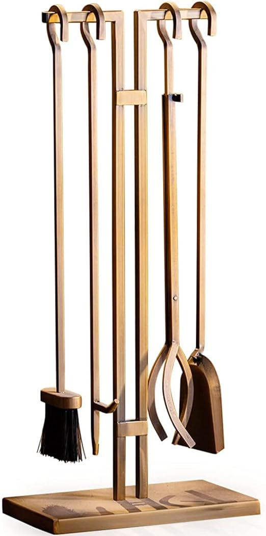 Fireplace Tools Set, 5 pcs Fireplace Accessories - Brass-Plated Poker, Shovel, Tongs & Brush. Eas... | Amazon (US)