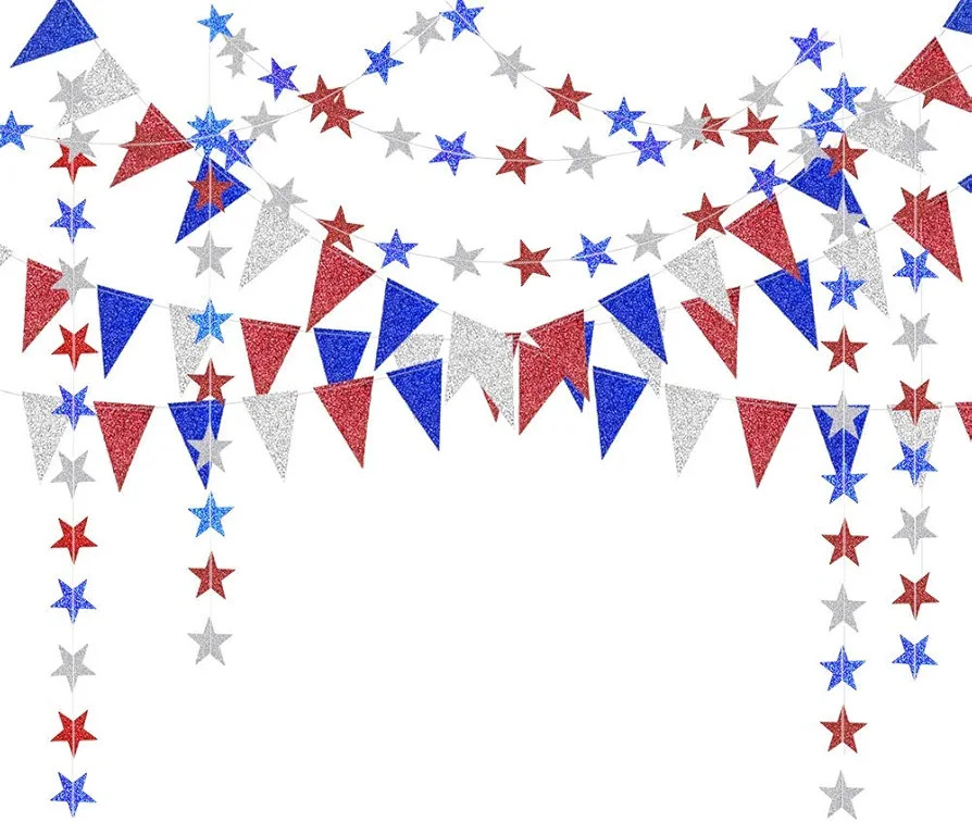 Decor365 Red Blue White/Silver Star Garland Triangle Pennant Banner Kit 4th/Fourth of July USA Am... | Amazon (US)