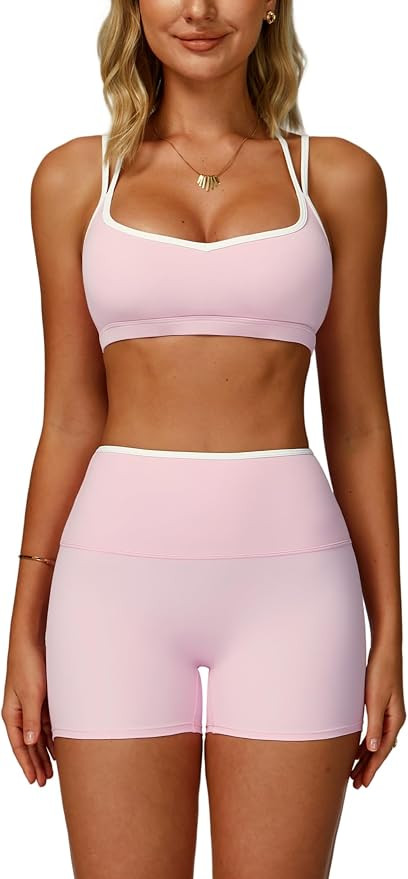 ABOCIW Workout Sets for Women 2 Piece Color Block Strappy Sports Bra High Waist Shorts Gym Yoga P... | Amazon (US)