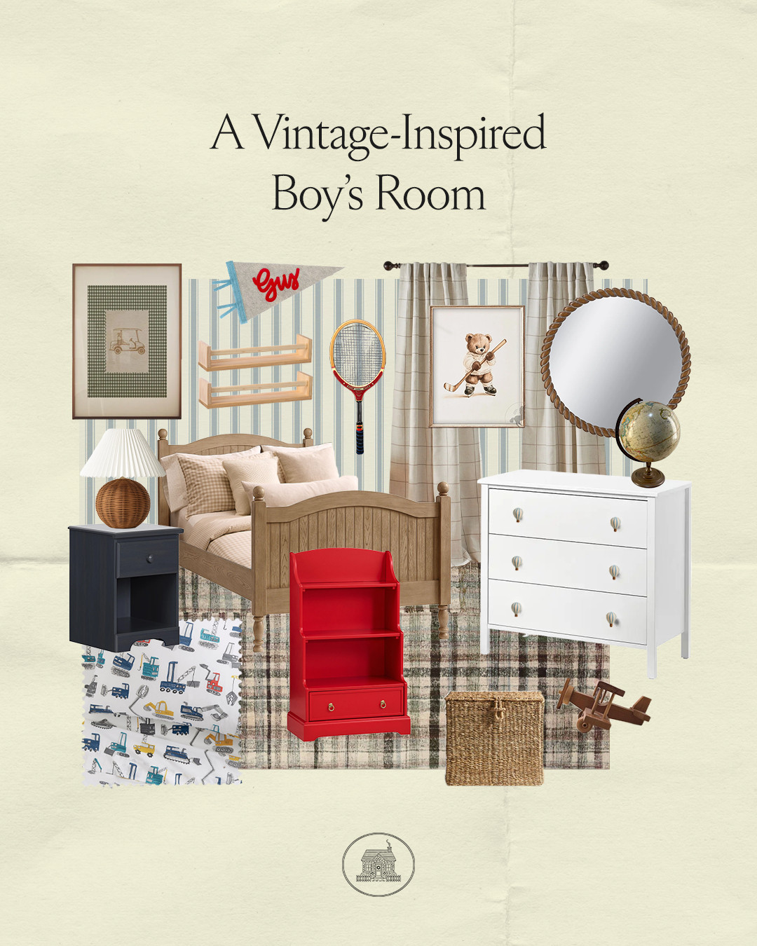 Vintage sports-inspired boys room.

Classic stripes, warm wood tones, vintage sports accents, and cozy plaids.

All sources are linked here.  

 #LTKcanada #LTKhome #LTKkids