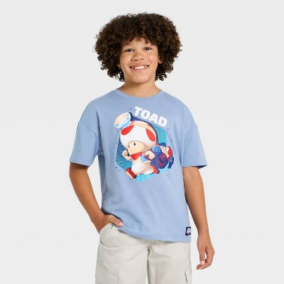 Boys' Nintendo Super Mario Brothers Short Sleeve Toad Let's Go Oversized Graphic T-Shirt - Light Blue S | Target