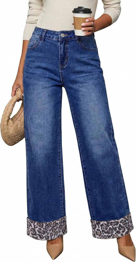 Dokotoo Womens Casual Wide Leg Leopard Jeans High Waisted Stretch Button Denim Pants with Pockets | Amazon (US)