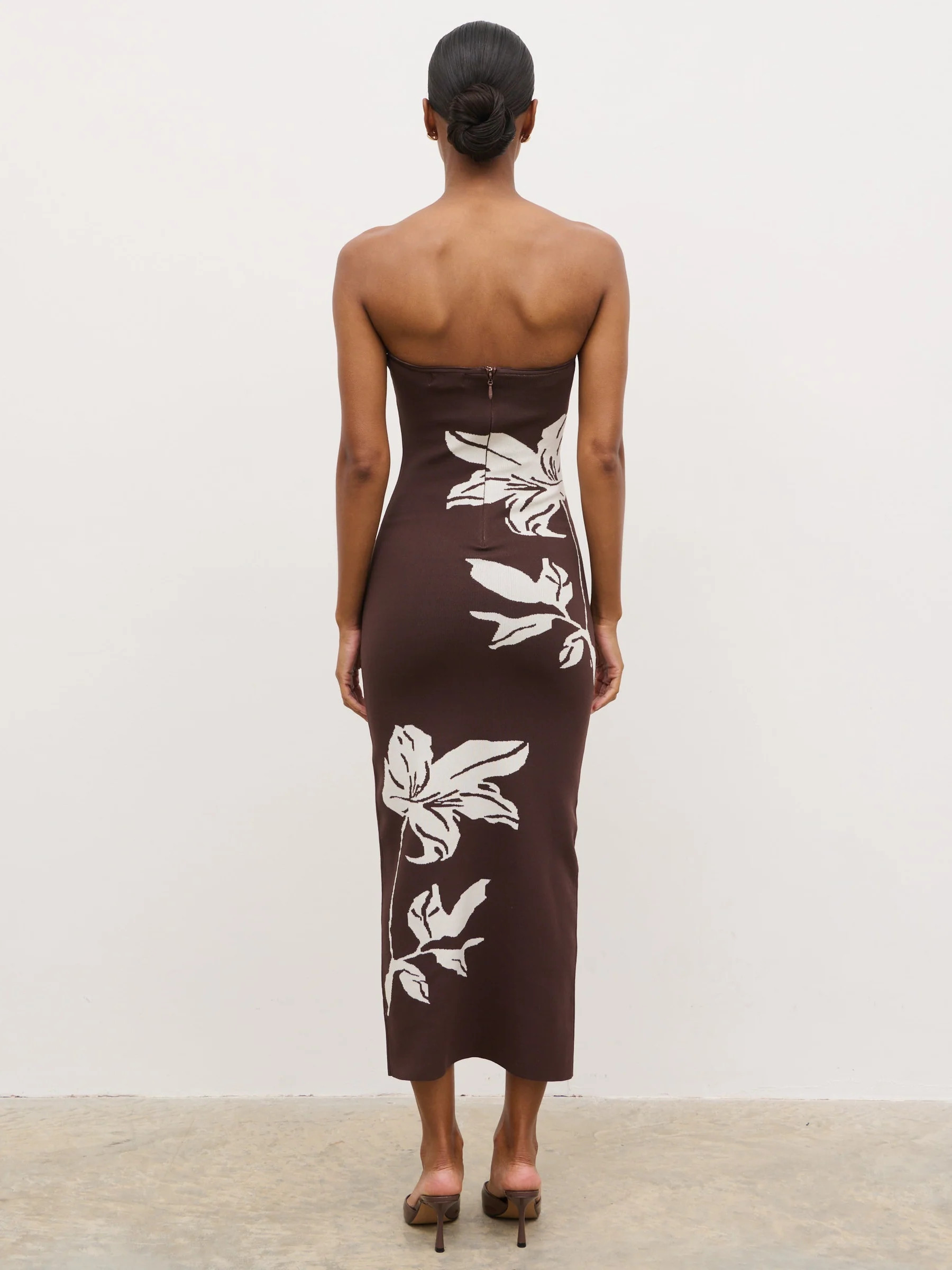 Milena Floral Bandeau Knit Midaxi Dress - Chocolate and Cream | Pretty Lavish (UK)