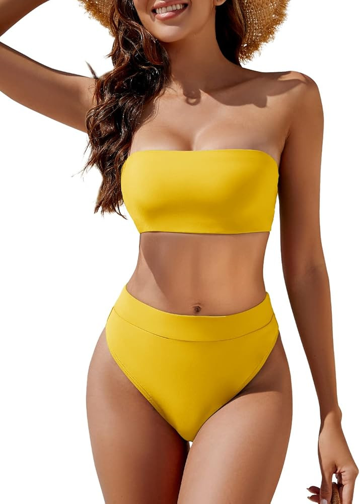 YACUN Women's High Waisted Bikini Swimsuit Two Piece Strapless Bandeau Cheeky Bathing Suits | Amazon (US)