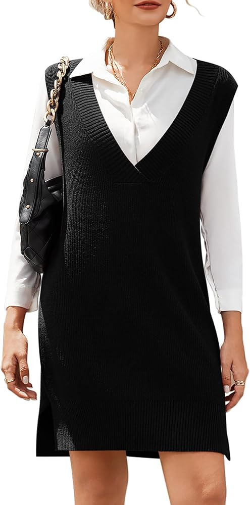 HOTOUCH Women's V Neck Sweater Vest Dress Oversized Sleeveless Casual Pullover Sweater Fall Winte... | Amazon (US)
