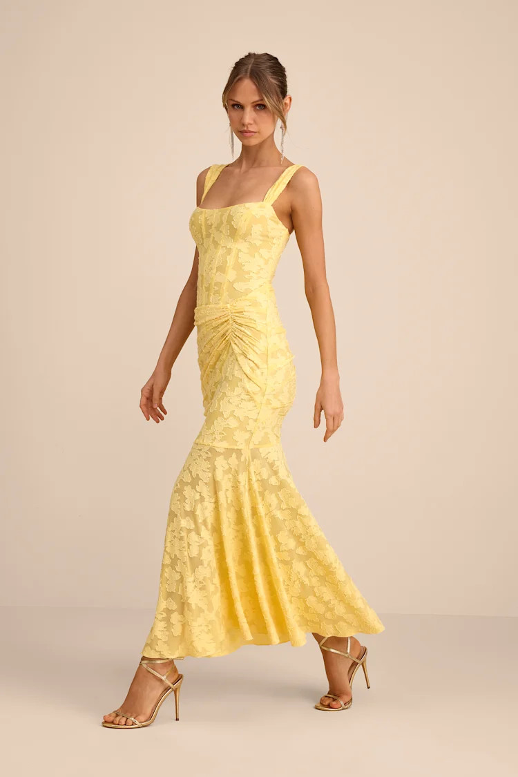 Celeste Yellow Floral Burnout Bustier Maxi Dress | Lulus