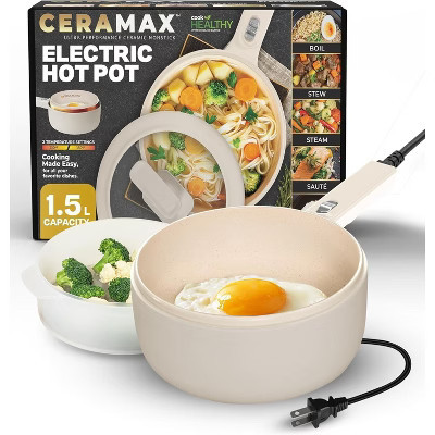 Ceramax Electric Hot Pot Cream Nonstick Ceramic Skillet Pan 1.5L Electric Cooker with Lid and Steamer | Target