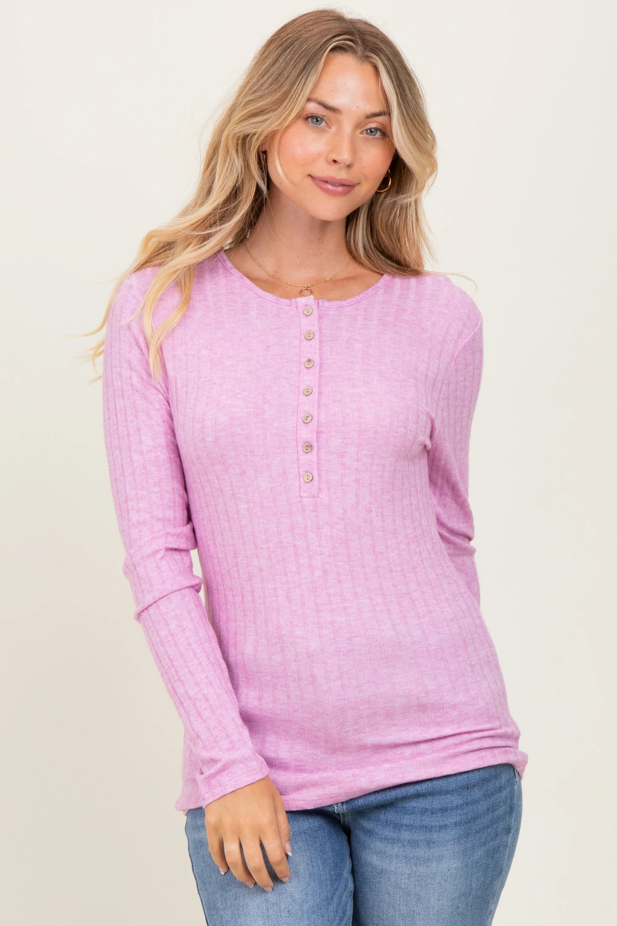Pink Ribbed Knit Button Long Sleeve Top | PinkBlush Maternity