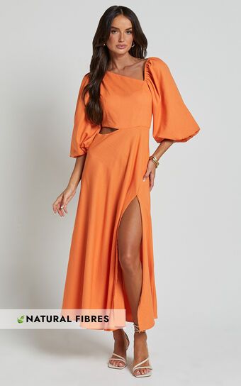 Rhyne Midi Dress - Asymmetric Puff Sleeve Side Cut Out A Line Dress in Papaya | Showpo (ANZ)
