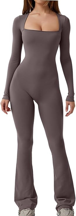 QINSEN Jumpsuits for Women Square Neck Wide Leg Full Length Romper Playsuit | Amazon (US)