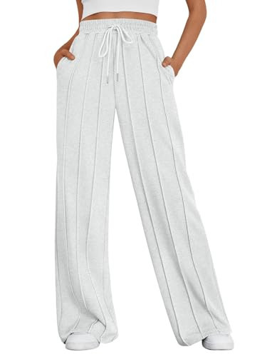 Trendy Queen Womens Wide Leg Sweatpants Baggy Flared Drawstring Lounge Pants Fall Winter Clothes with Pockets, LightGray, M | Amazon (US)