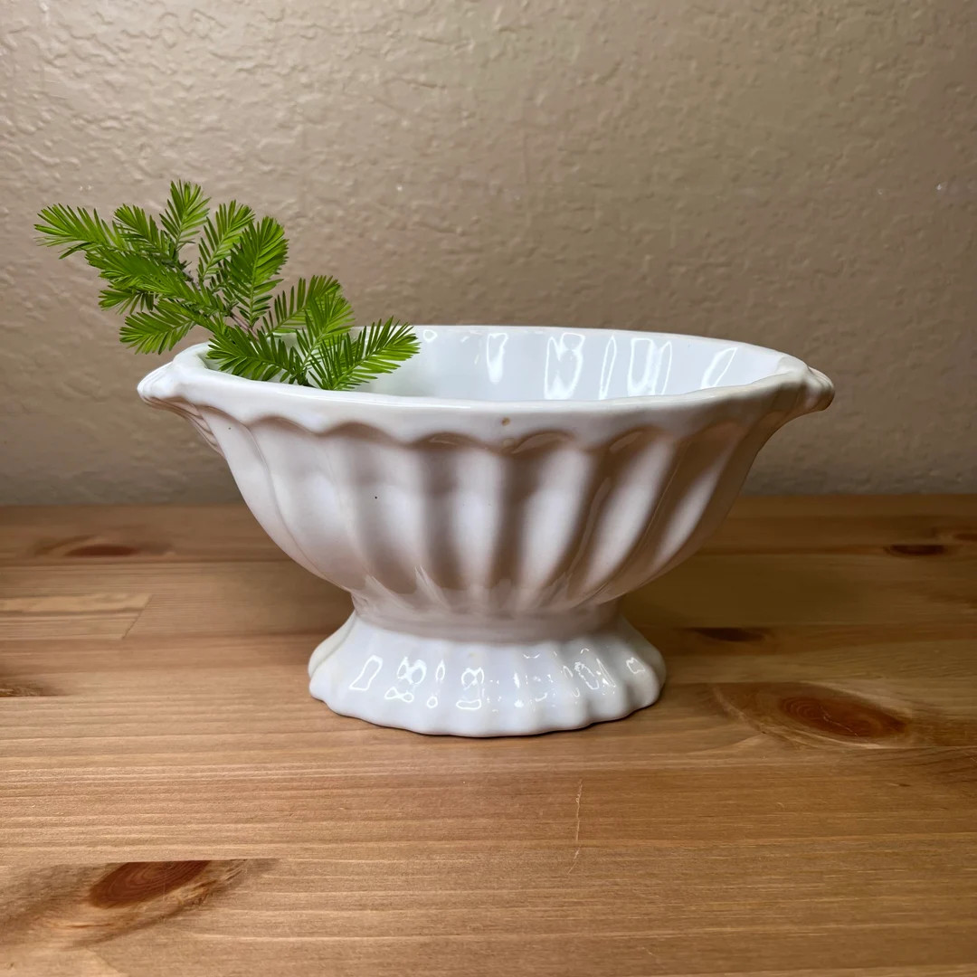 Antique White Ironstone Footed Oval Bowl, Fluted and Scalloped, Minimalist, Classicism, Pedestal,... | Etsy (US)
