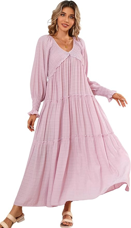 R.Vivimos Maxi Dress for Women Long Sleeve V Neck Empire Waist Layered Ruffle Boho Casual Flowy L... | Amazon (US)
