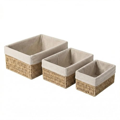 Wicker Baskets Set of 3 with Removable Linen Liner, Wicker Storage Baskets for Shelves – Woven Nesting Organizer Bins for Pantry, Bathroom, Closet & Dresser | Amazon (US)