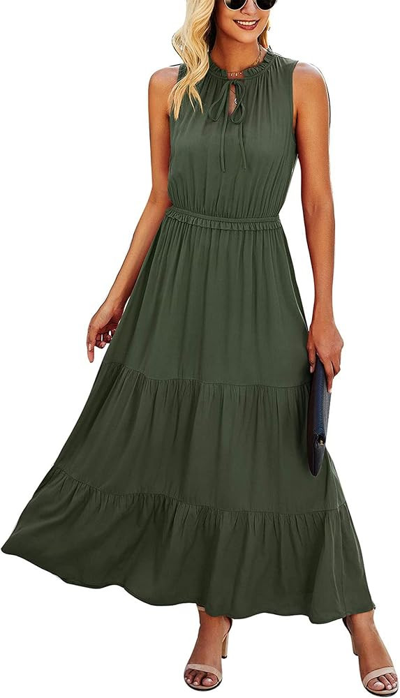 KIRUNDO Women's Sleeveless Solid Color Round Neck Tie Neck High Waist Ruffle Hem A-Line Maxi Dres... | Amazon (US)