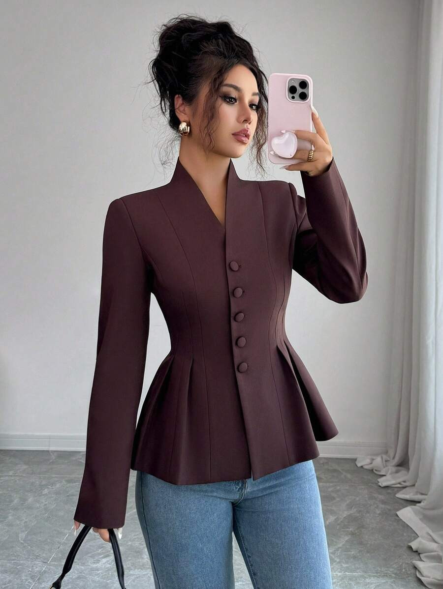 Elenzga Women's Casual Elegant Solid Color V-Neck Ruched A-Line Jacket, Suitable For Commute, Vac... | SHEIN