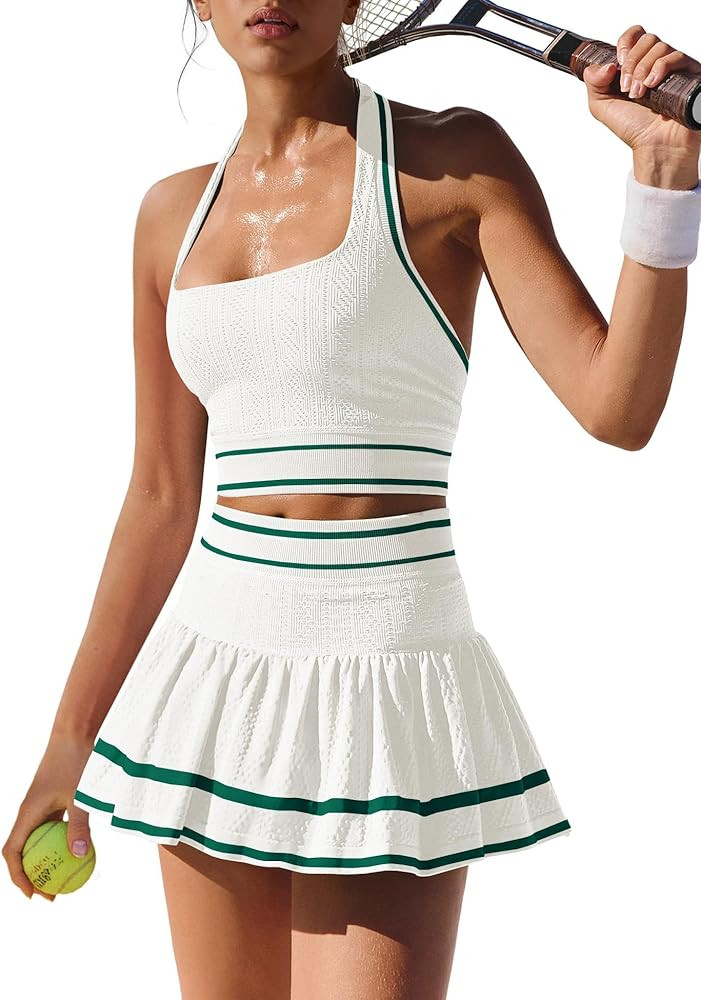 ReachMe Womens Two Piece Workout Sets Tennis Skirt Sets 2 Piece Golf Outfits Matching Halter Top ... | Amazon (US)