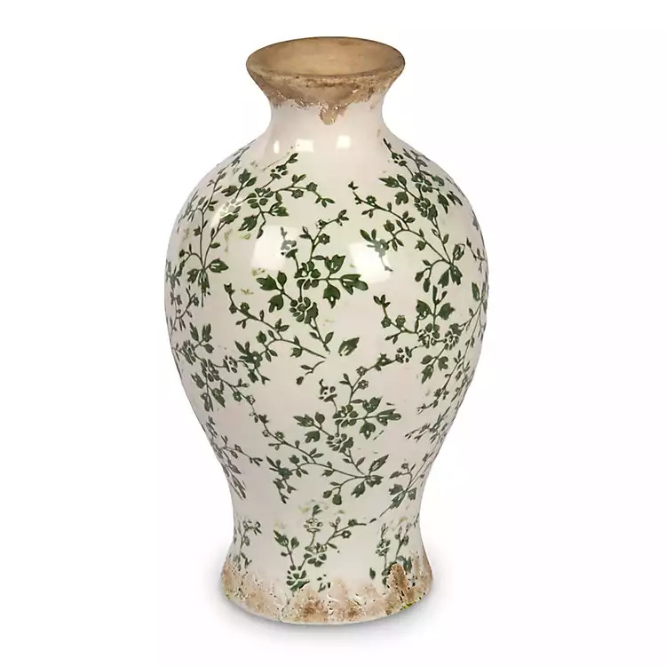 New! Cream and Green Floral Ceramic Vase, 12 in. | Kirklands