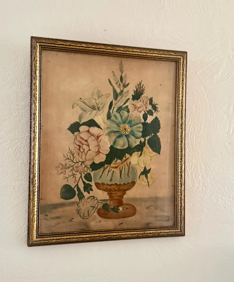 Antique 1864 Theorem Painting on Velvet | Folk Art Floral Still Life | Framed | Family Provenance... | Etsy (US)