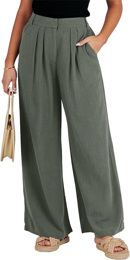 ANRABESS Women Linen Palazzo Pants Summer Wide Leg High Waist Casual Long Lounge Pant Trousers wi... | Amazon (US)