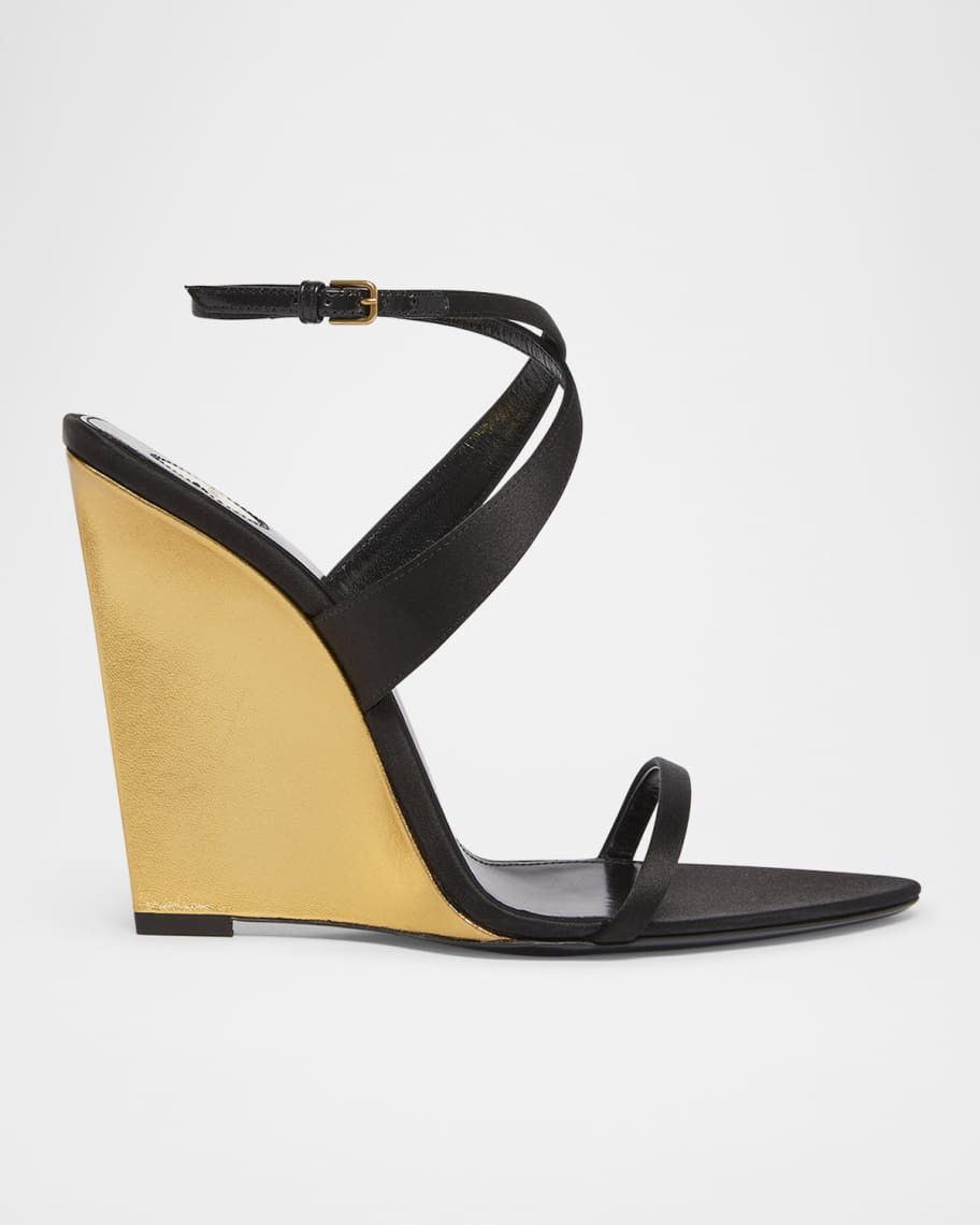 Saint Laurent Salome Satin Strappy Wedge Sandals | Neiman Marcus