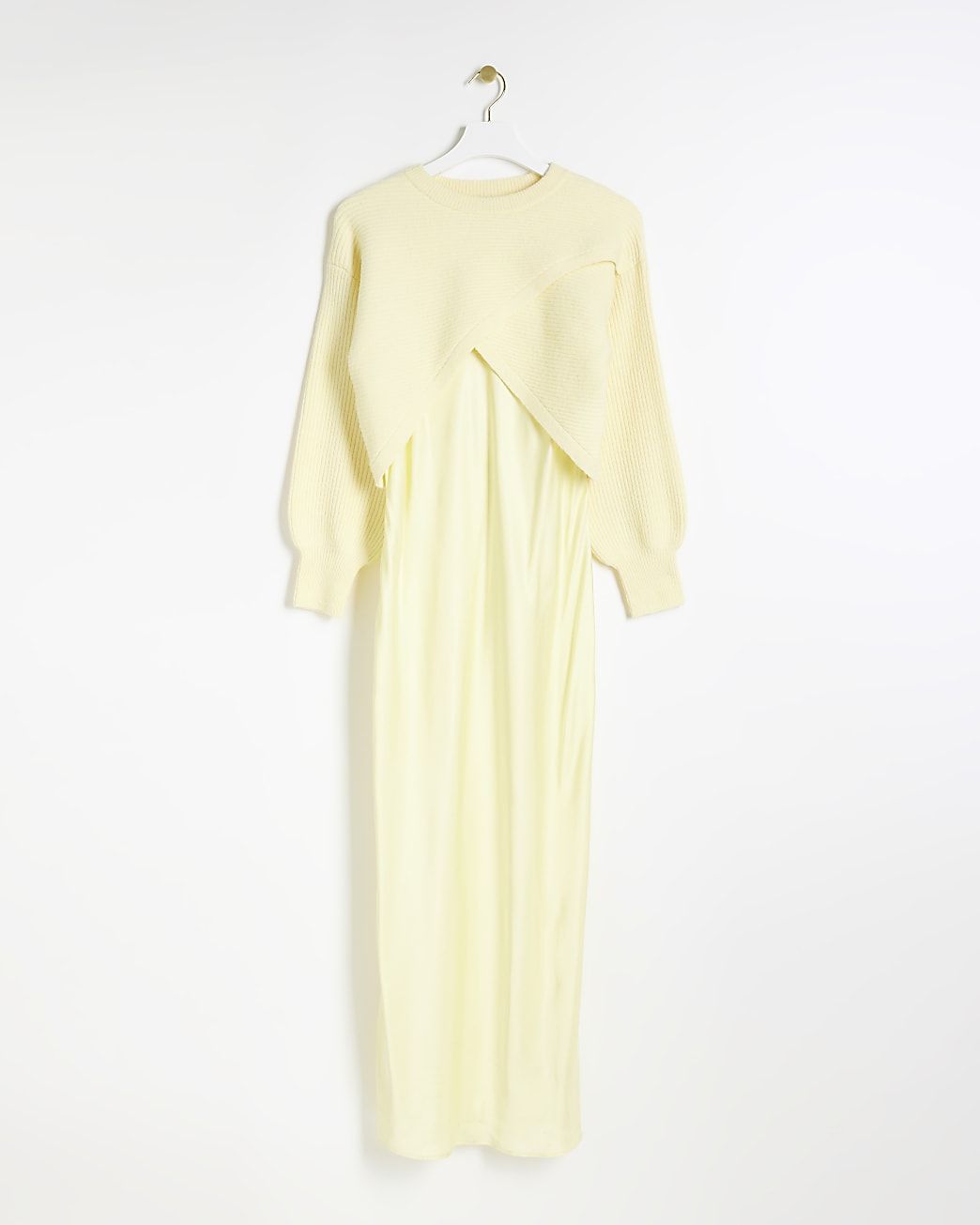 Yellow satin hybrid slip midi dress | River Island (US)