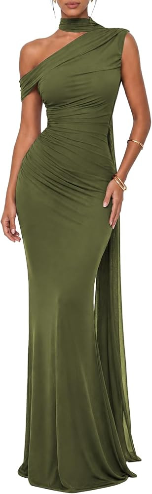 Isolde Women's One Shoulder Mesh Ribbon Ruched Formal Maxi Dress | Amazon (US)