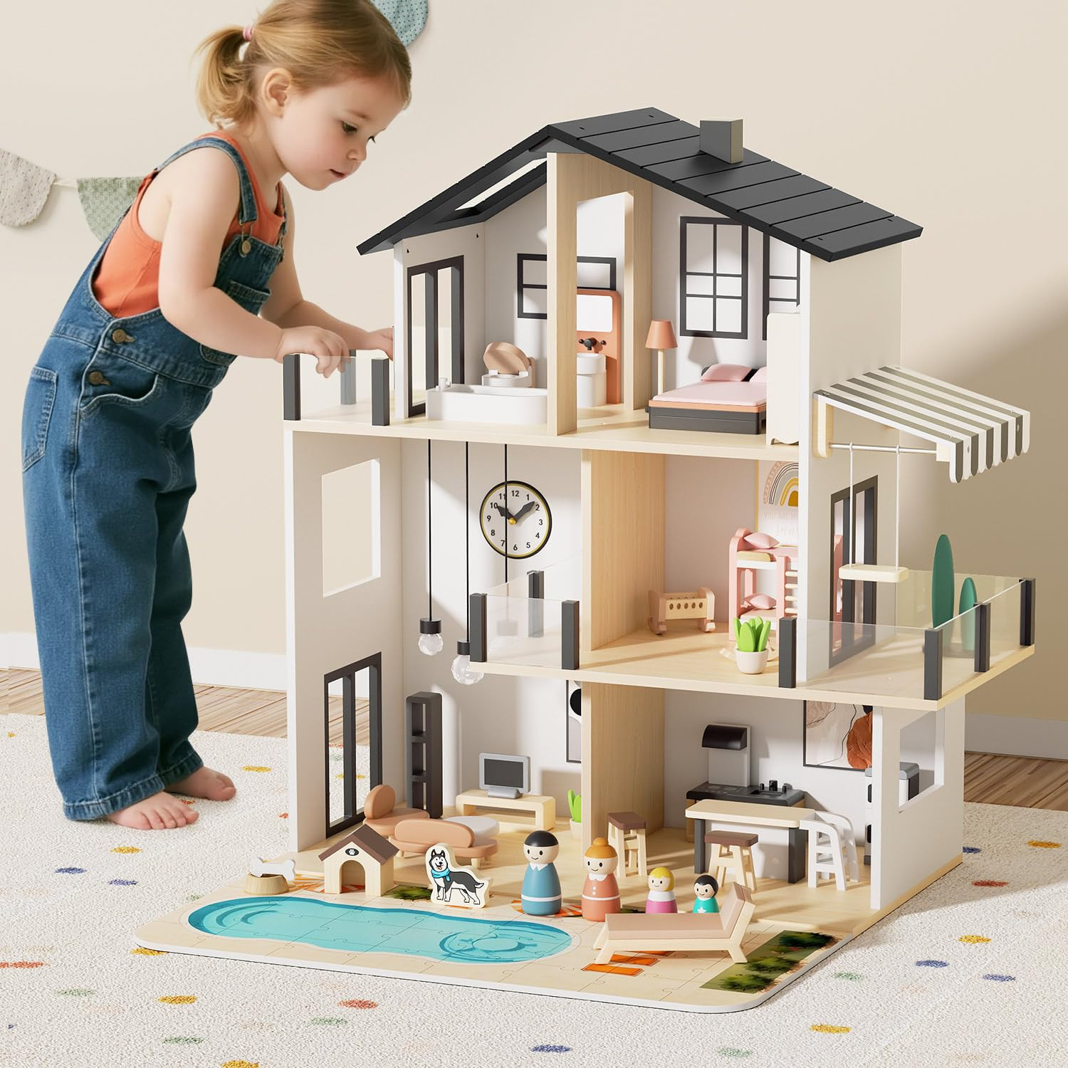 BIERUM Wooden Dollhouse, Large Modern Doll House with 49Pcs Furniture Accessories, Dolls & Pets, ... | Amazon (US)