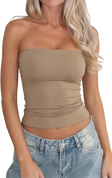 QINSEN Women's Tube Top Double Lined Strapless Bandeau Top Summer Slim Fit Going Out Tank Tops | Amazon (US)