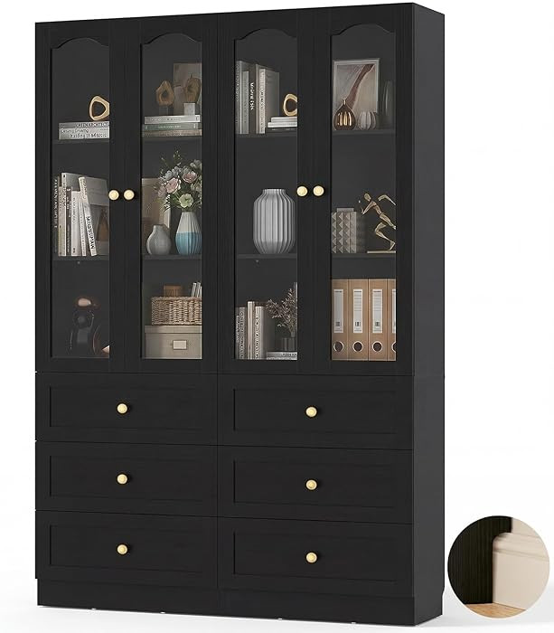 Cyclysio 80" Tall Storage Cabinet with Glass Doors, Drawers & Seamless Baseboard Fit Design - 2 S... | Amazon (US)