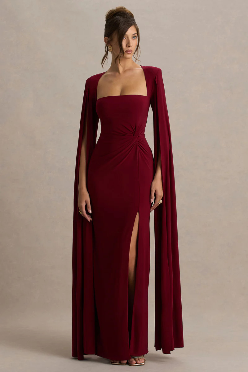Claretta  Berry Square Neck Twisted Maxi Dress With Cape Sleeves | Club L London