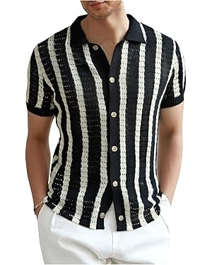 Verdusa Men's Striped Crochet Button Down Shirts Hollow Out Half Sleeve Collared Knit Tops | Amazon (US)
