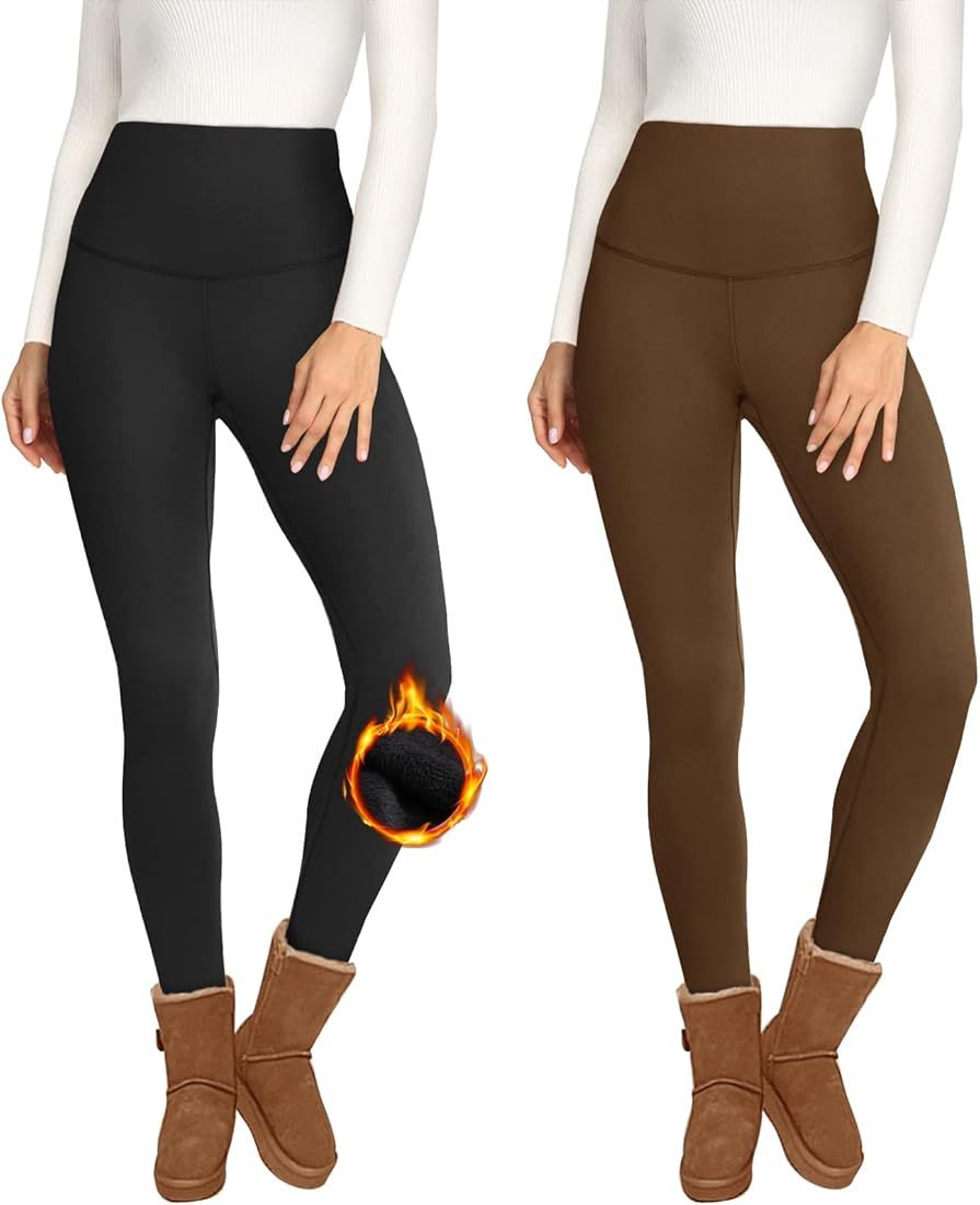Opuntia 2 Pack Fleece Lined High Waisted Leggings for Women - Warm Winter Pants Tummy Control Yog... | Amazon (US)
