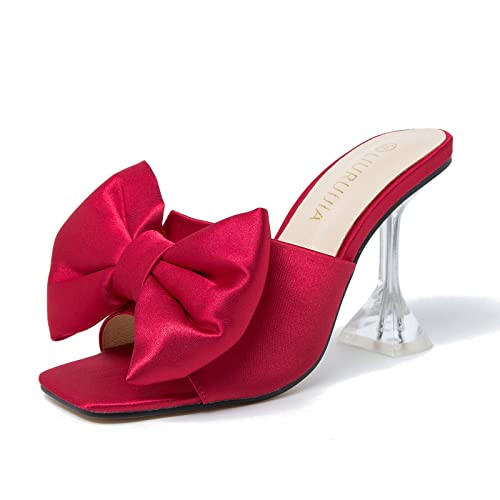 LIURUIJIA Women's Bow High Heels Mules Dress Sandals Slip On Party Prom Wedding Bridal Shoes Red 42 US 9 | Amazon (US)