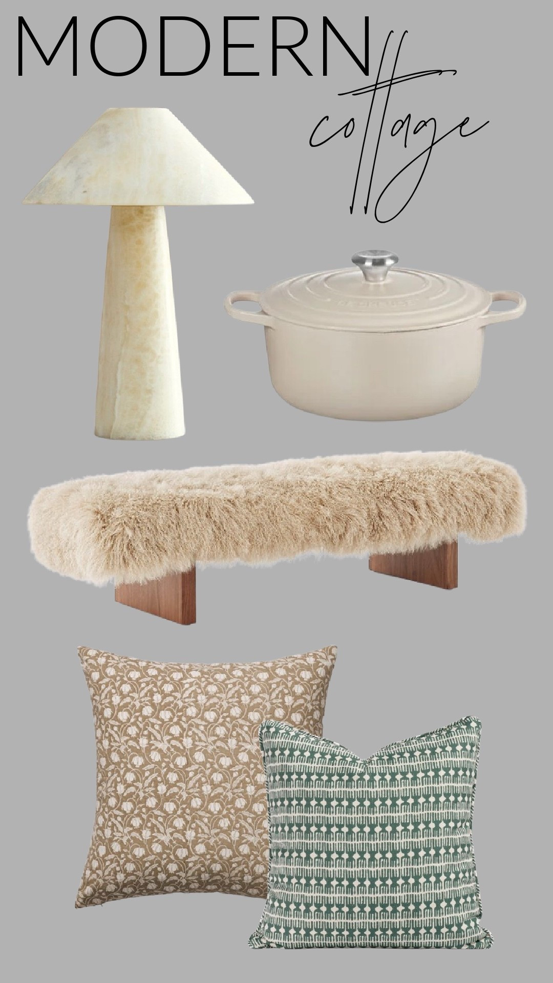 Modern cottage is one of my favorite ways to keep a home feeling cozy while still elevated and clean. It mixes soft textures, classic shapes, and warm neutrals with a few timeless patterns.

This look layers a sculptural stone lamp, a classic Dutch oven, a cozy shearling bench, and patterned pillows that bring in just the right amount of warmth and character.

I linked these pieces so you can easily recreate this modern cottage mix in your own home.

#LTKHome