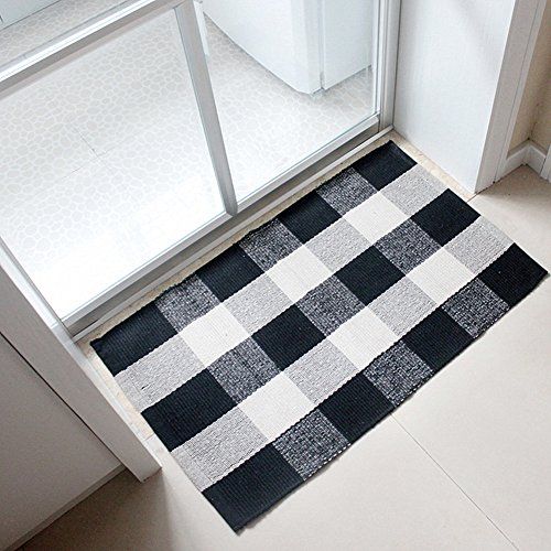 Ukeler 100% Cotton Plaid Rugs Black/White Hand-woven Checkered Door Mat Washable Rag Throw Rugs, 23. | Amazon (US)