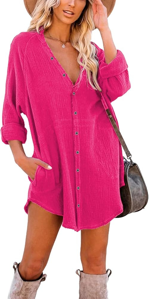 iGENJUN Women's Long Sleeve Beach Cover-ups Button Down Oversized Tunic Dress Shirt Boho Dresses ... | Amazon (US)