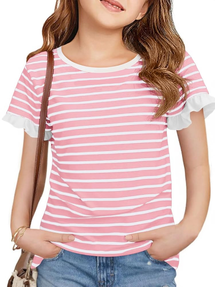 Haloumoning Girls Striped Ruffle Short Sleeve T Shirts Kids Summer Crewneck Tops Casual Tees 5-14... | Amazon (US)