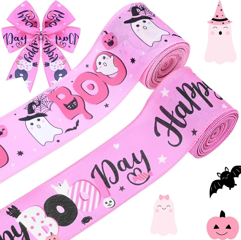 2Rolls 20Yards Pink Boo Ghost Printed Fabric Ribbon Halloween Wired Edge Ribbon for Wreath Making... | Amazon (US)