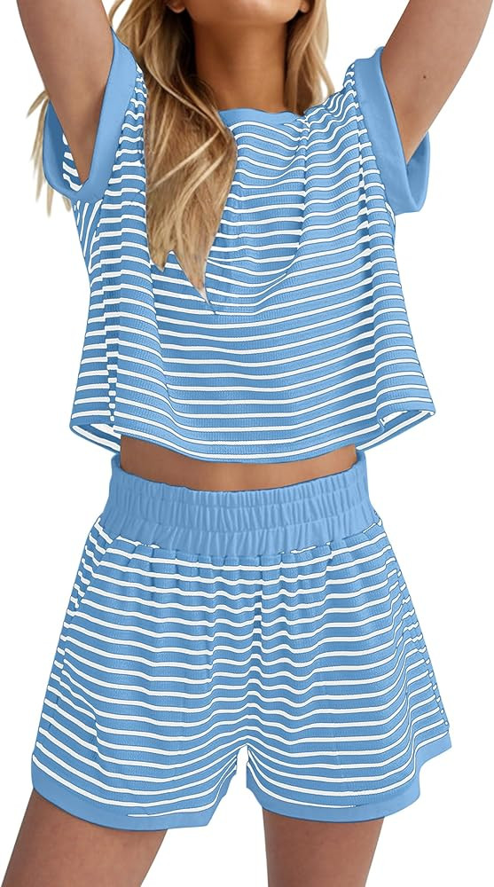 MISSACTIVER 2 Piece Lounge Set Women Stripe Knit Short Sleeve Tee Shirts Shorts Casual Summer Lou... | Amazon (US)