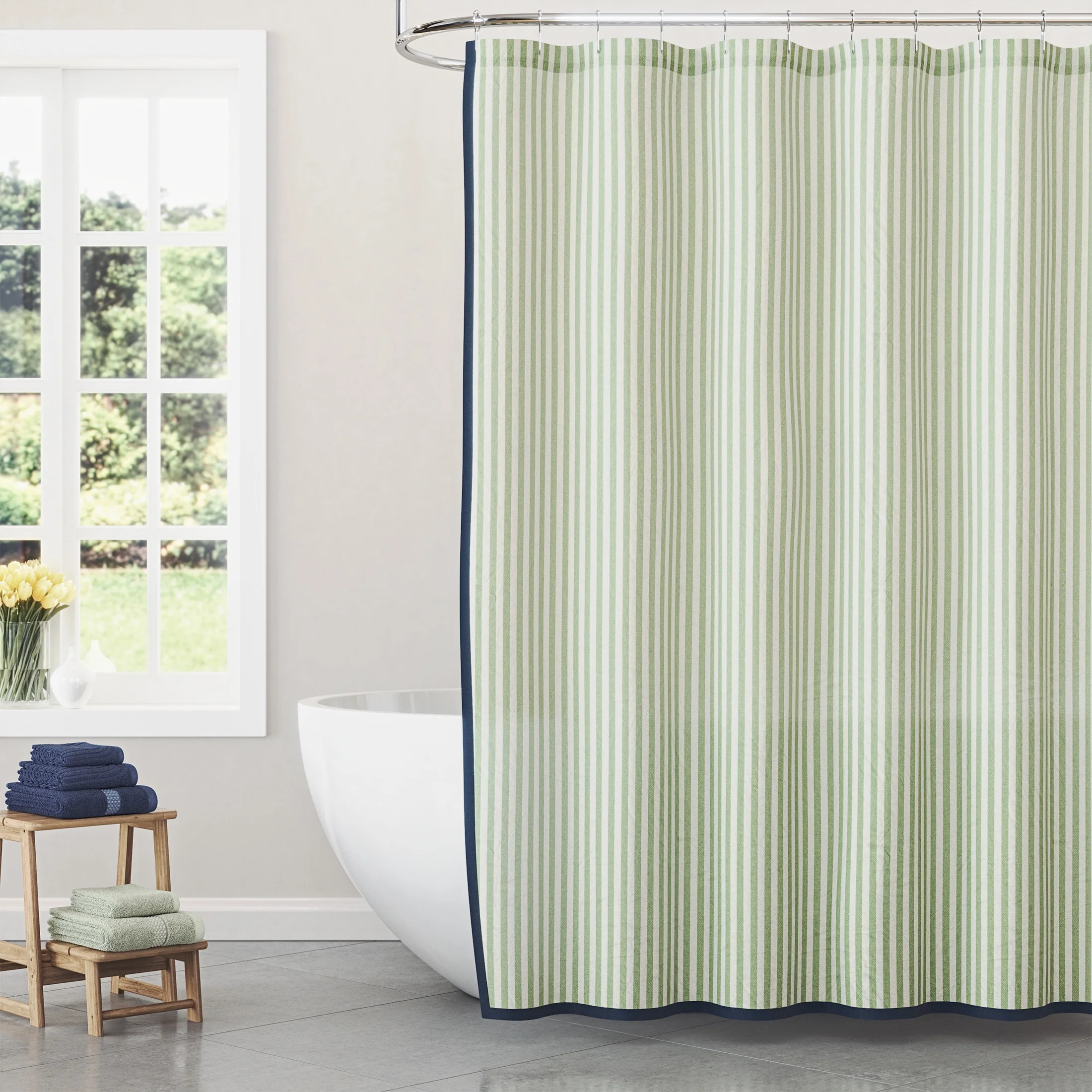 Beautiful Skinny Stripe Sage Green + Nightshadow Blue Shower Curtain by Drew Barrymore, 72" x 72" | Walmart (US)