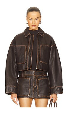 GRLFRND Cropped Leather Patch Pocket Jacket in Brown from Revolve.com | Revolve Clothing (Global)