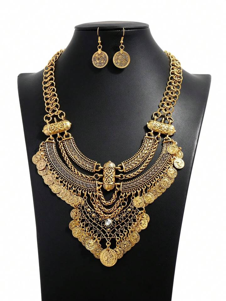 Fashionable Vintage Coin Necklace Set For Women, Crop Crescent Tassel Choker Necklace With 2 Earrings | SHEIN