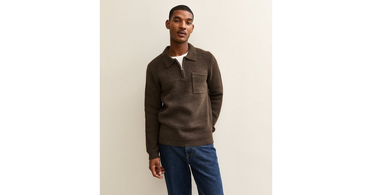 Dark Brown Regular Fit Long Sleeve Brushed Quarter Zip Polo Knit Jumper | New Look | New Look (UK)